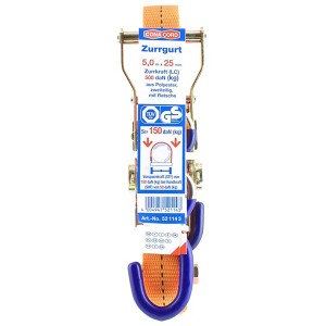 Blauer Conacord Spanngurt Pro, 5 m lang, mit Ratsche und 2 S-Haken, geeignet für Lasten bis 500 kg.