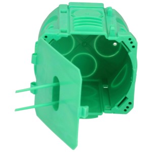 Boîte d'encastrement verte Easy-Click, trou de perçage 71 mm, taille 1, avec couvercle ouvert.
