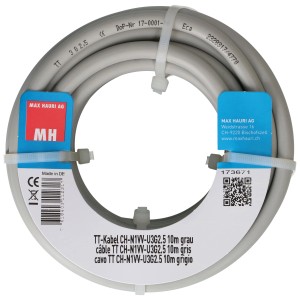 Cavo TT grigio CH-N1VV-U 3x2,5 mm² con lunghezza di 10 m, arrotolato e fissato con fascette.