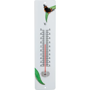 Thermomètre en métal avec motif papillon pour mesurer la température intérieure et extérieure.