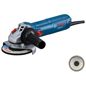 Smerigliatrice angolare blu Bosch Professional GWS 12-125 con disco da taglio e accessori.