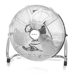 Ventilateur de sol Emerio, ventilateur argenté avec boîtier et support en métal.