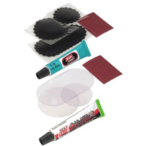 Kit de réparation universel Tip-Top pour caoutchouc et plastique : rustines, colle, papier de verre.