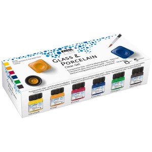 Kreul Glas- und Porzellanfarben Set Clear mit 7 Farben und Pinsel.
