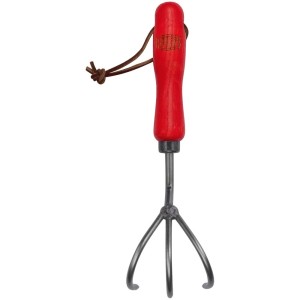 Zappa a mano Felco 411 per giardinaggio con manico in legno rosso e tre rebbi.