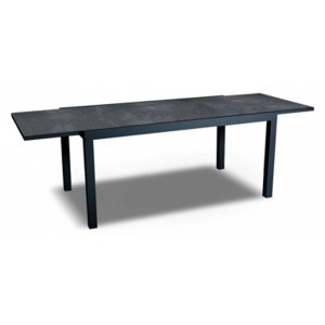 Ausgezogener Gartentisch Grenada, Aluminium Grau, mit Keramik-Look Tischplatte, ca. 75x90x240 cm.