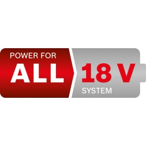 Logo del sistema batteria Bosch 18V: Power for All, sfondo rosso e grigio.