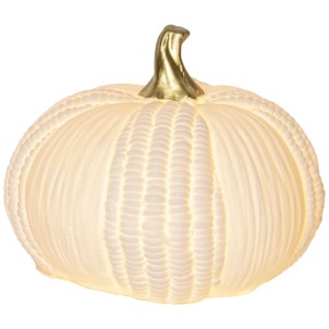 Lampe de table LED blanche en forme de citrouille avec tige dorée, 12x15 cm.