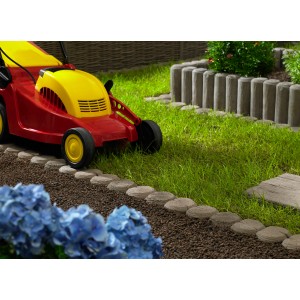 Bordure de pelouse aspect bois antique dans jardin avec tondeuse et fleurs.