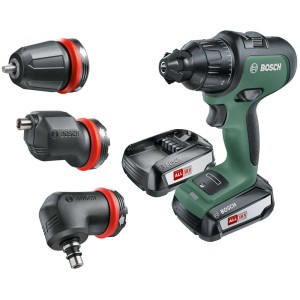 Trapano avvitatore a percussione a batteria Bosch AdvancedImpact con batterie, adattatore angolare, eccentrico e caricabatterie.