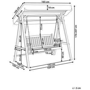 Disegno tecnico della dondolo da giardino Beliani Caviola in legno di abete con misure.