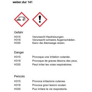 Avertissements de danger pour weber.dur 141 Mortier universel de jointoiement et de remplissage : Irrite la peau, les yeux et les voies respiratoires.