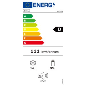 Etichetta energetica del frigorifero SPC KS3574 con classe di efficienza energetica D e 111 kWh/anno.