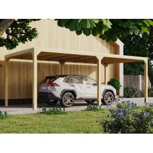Ensemble de pavillon Karibu Fyrkant, naturel, avec extension et voiture dans le jardin.