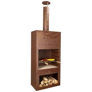 Cheminée de jardin Nouvel Tubo en acier aspect rouille avec grille et compartiment de rangement pour le bois.