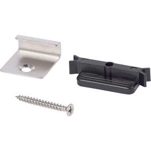 Clips de terrasse OBI pour lames de terrasse WPC, anthracite, avec vis et équerre métallique pour la fixation des lames.