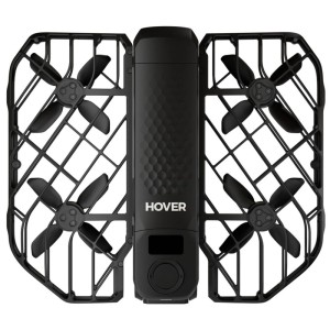 Drone fotografico pieghevole nero Hoverair X1 Pro con quattro eliche e protezioni. Ideale per sport e outdoor.