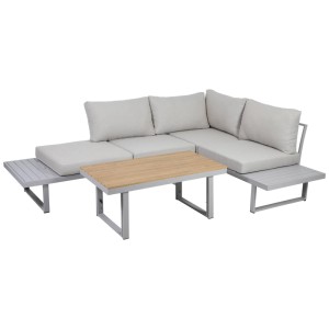 Graues Greemotion Lounge-Set Aruba, 3-teilig, mit Aluminiumrahmen, Bänken, Tisch und hellgrauen Kissen.
