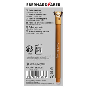 Blauer, radierbarer Gelschreiber von Eberhard Faber mit Faultier-Motiv.