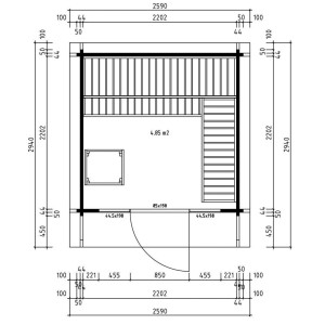 Plan de la sauna de jardin Finntherm Lupoa-44, 259x294 cm, naturelle, avec dimensions et détails.