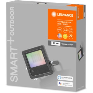 Confezione del faretto LED Ledvance Smart+ WiFi 10W con cambio colore. Luce esterna smart, controllabile tramite app.