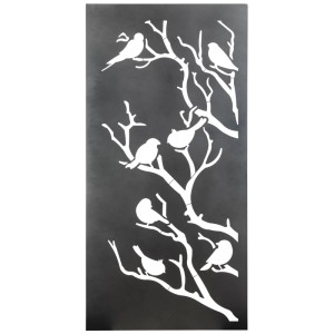 Paravent Nouvel Birdie en acier anthracite avec motif d'oiseaux et d'arbres.