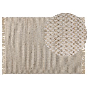 Tapis beige Zerdali à carreaux, poils courts et franges, 140x200 cm.