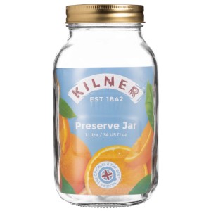Vaso rotondo Kilner, trasparente, 1 l, con coperchio a vite dorato. Ideale per la conservazione degli alimenti.
