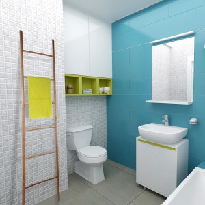 Scala in bambù a 6 gradini, 190 cm, usata come porta asciugamani in bagno con asciugamano giallo.