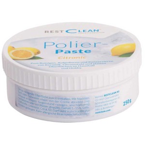 RestClean Pasta Polishing 250g in contenitore bianco con motivo a limone. Pulisce, lucida e protegge le superfici lisce.