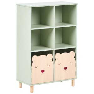 Étagère enfant Nobby vert clair en MDF avec pieds pin, 4 compartiments ouverts et 2 portes ours.