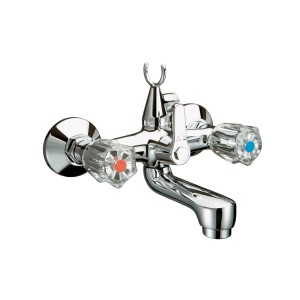 Mitigeur bain/douche Ledro chromé à deux poignées avec poignées transparentes et support de douche.