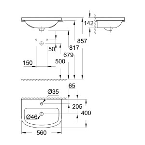 Disegno tecnico lavabo da incasso Grohe Bau Keramik, dimensioni e dettagli.