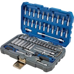 Set de clés à douille LUX-TOOLS 53 pcs dans coffret bleu-gris ouvert. Cliquet, embouts, douilles en acier CrV.