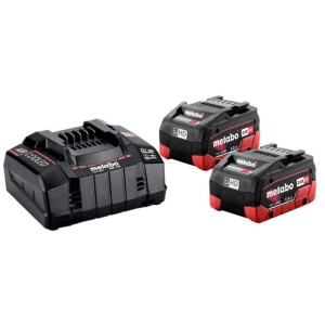 Metabo Basis-Set mit 2 schwarzen LiHD 18V 5.5Ah Akkus und rotem Schnellladegerät ASC 145 für Elektrowerkzeuge.