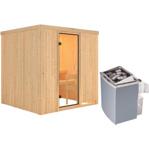 Sauna Woodfeeling Tromsö con porta in vetro bronzato e stufa da 9 kW.