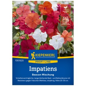 Graines Kiepenkerl Impatiens Beacon Mix avec des fleurs colorées.