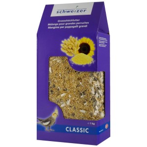 Eric Schweizer mangime per parrocchetti 1kg, mix di semi in scatola di cartone viola con finestra.