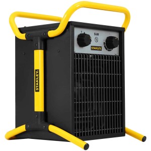 Stufa elettrica Stanley 5 kW, corpo nero con telaio giallo.