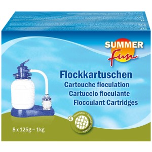 Summer Fun Coussinets de floculation, lot de 8, 1 kg. Emballage avec système de filtration en arrière-plan.