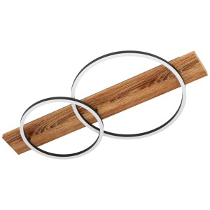 Moderna plafoniera LED Boyal con due anelli in nero e effetto legno.