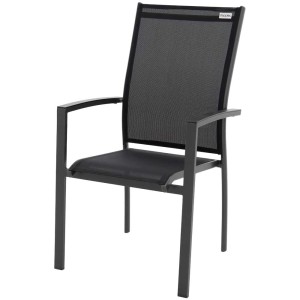 Chaise empilable Expert noire pour jardin et terrasse : structure en aluminium, revêtement textile, confort d'assise élevé.