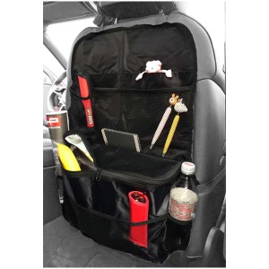 Organisateur de siège arrière de voiture noir en nylon (60x40 cm) avec compartiments de rangement.
