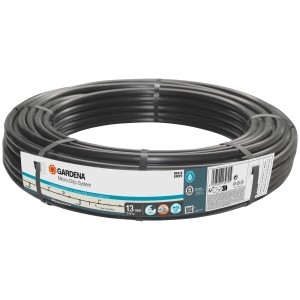 Tubo di derivazione flessibile Gardena, 50 m, 13 mm, per sistemi Micro-Drip, arrotolato e confezionato.