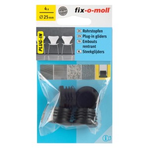 Embouts rentrants noirs Ø25mm fix-o-moll, lot de 4. Patins de meubles pour tubes, protègent les sols lisses.
