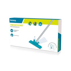 Bestway AquaClear kit manutenzione piscina con aspiratore, retino e asta nella confezione.