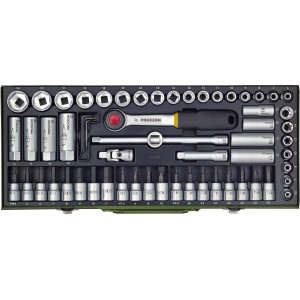 Proxxon Super-Compact set di chiavi a bussola 65 pezzi in custodia d'acciaio, vari inserti e cricchetto