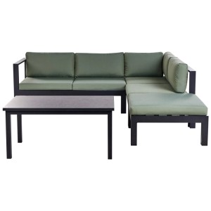 Ensemble de salon de jardin d'angle Beliani Messina, noir/vert, avec table et pouf. Mobilier de jardin pour terrasse.