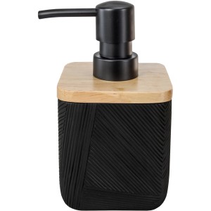 Dispenser sapone Kleine Wolke Crossover nero con coperchio in legno e motivo a coste.