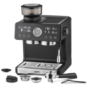 Macchina da espresso Trisa Smart Barista nera con accessori per un espresso perfetto.
